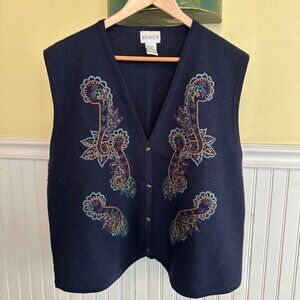 Koret Navy Wool Embroidered Paisley Womens Vest Size L